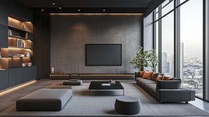 Modern designer meeting room interior with furniture, empty black mock up presentation frame and window with city view and daylight. 3D Rendering