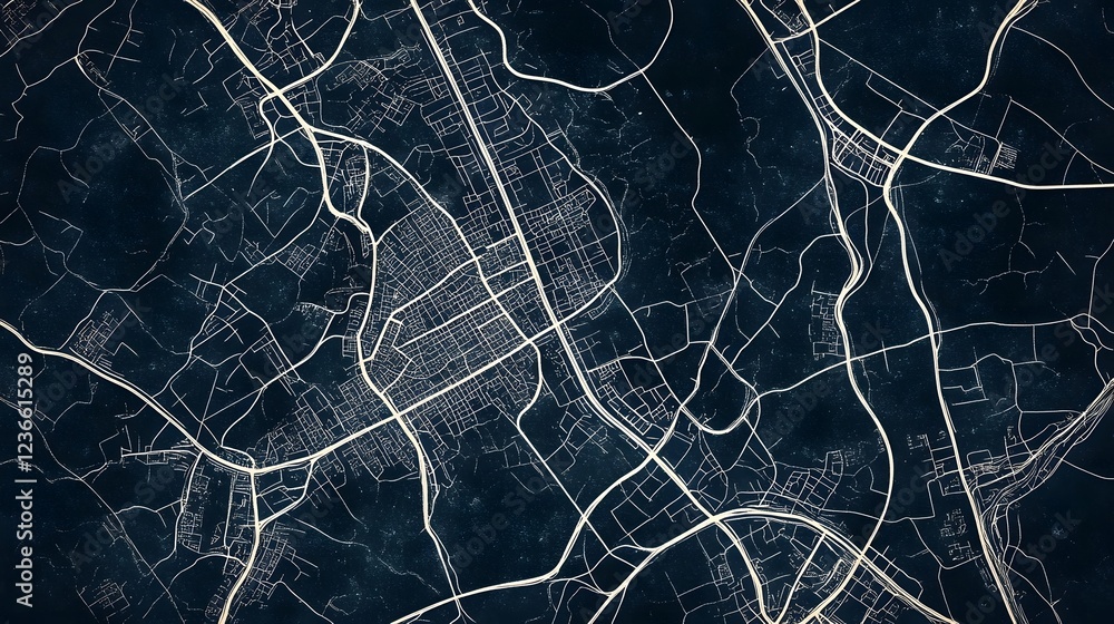 Poster modern urban grid blueprint with detailed road networks and building layouts