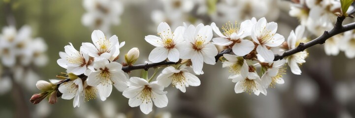 Fototapeta premium Soft focus white plum blossom on blurred background, airy, delicate