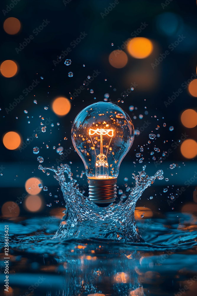 Poster creative concept of a lightbulb in a water splash with bokeh effect, representing innovation and ene