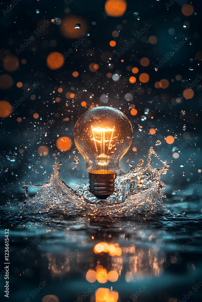 Poster creative concept of a lightbulb in a water splash with bokeh effect, representing innovation and ene