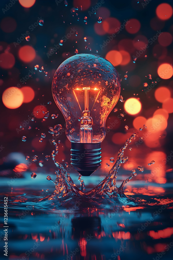 Poster creative concept of a lightbulb in a water splash with bokeh effect, representing innovation and ene