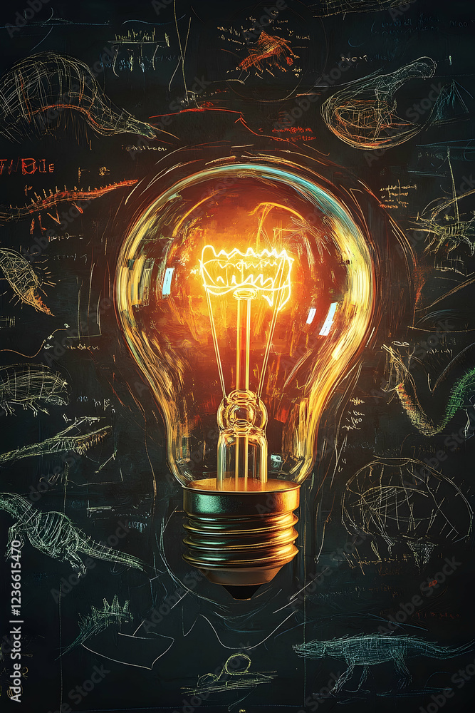 Poster creative idea concept with a glowing lightbulb and colorful sketches on a dark background -