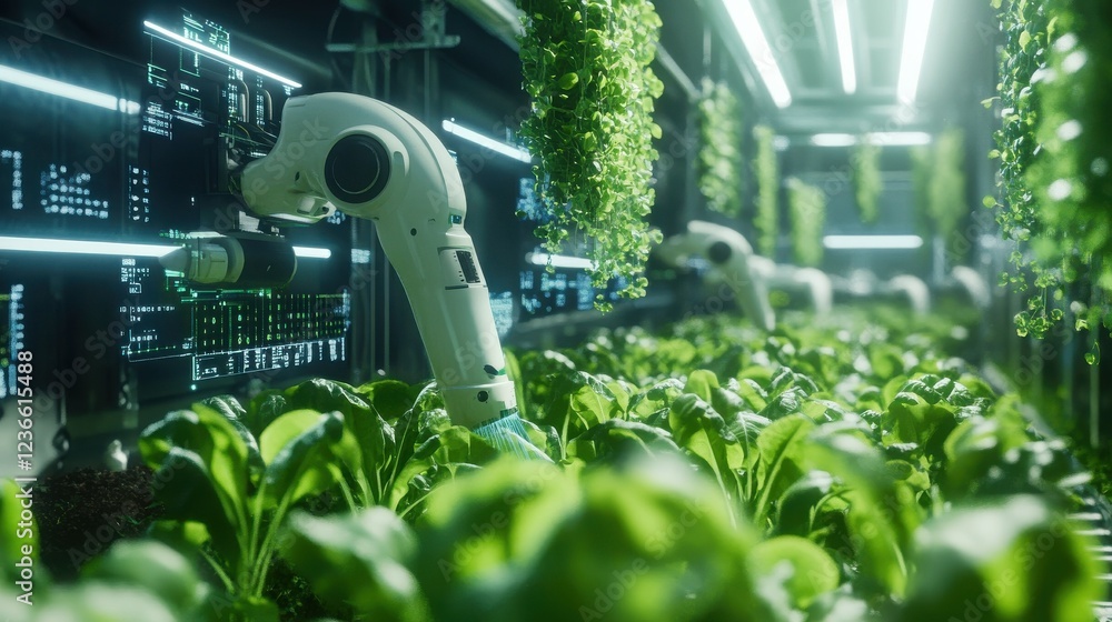 Poster holographic visualization of a futuristic automated farming process showcasing robotic equipment sen