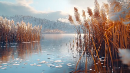 Reed Areas on a Lake in a Modern Oil Painting Illustration © veronica