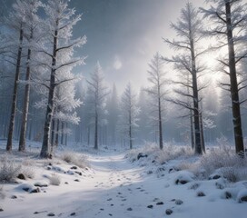 Obraz premium Snowy forest landscape with twinkling lights and frost-covered trees, frosty mornings, , peaceful atmosphere