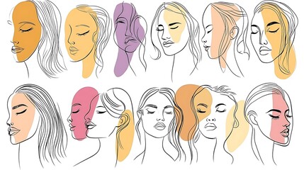 Collection of minimalist line art female faces with pastel color accents.
