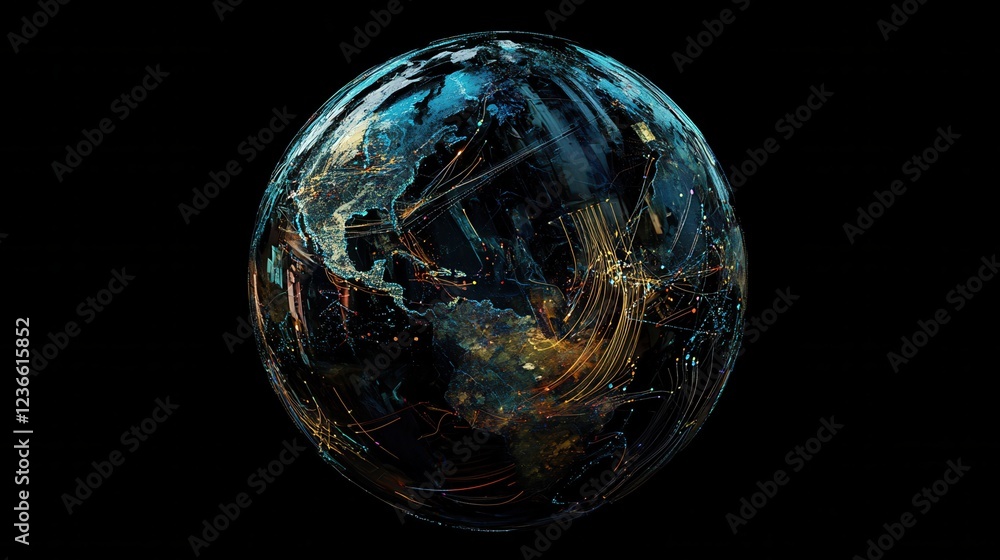 Poster abstract digital globe symbolizing global connectivity, featuring a network of connections and float