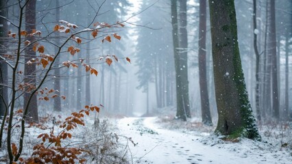 Snowflakes gently falling on forest leaves, , frozen foliage, snowfall, frosty atmosphere, snowflakes