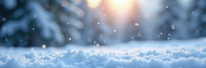 Fototapeta premium Snowflakes gently falling on a serene landscape, wintry atmosphere, landscape, white flakes