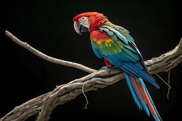 Obraz premium Macaw perched gracefully on a delicate branch. Its feathers are captured with extreme clarity, showcasing their vibrant colors and intricate texture.