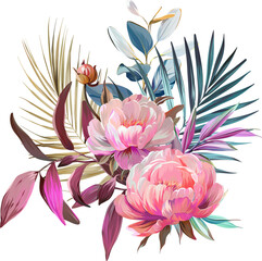 Vector bouquet of flowers. Roses, peonies, rose hips, foliage, bright summer flowers. Rose, peony