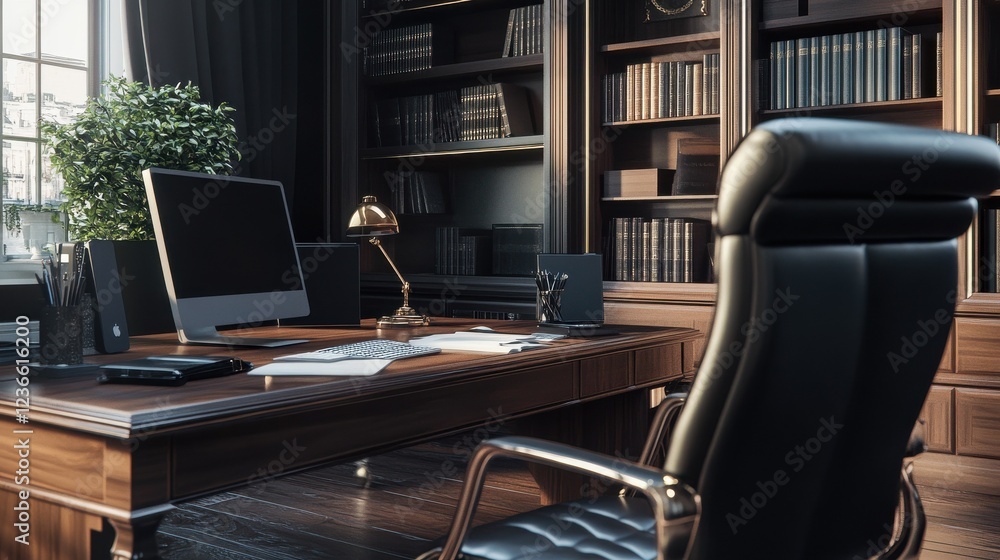 Poster luxury office room with computers on table, furniture. and shelf with documents. workplace and compa