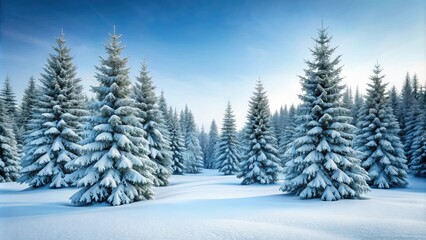 Fototapeta premium Snow-covered evergreen trees stand tall with frosty branches, evergreen trees in snow, snow trees, frozen evergreens, winter wonderland