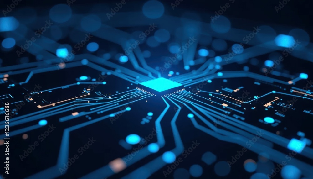 Poster abstract digital circuitry design with glowing blue elements on a dark background for technology and