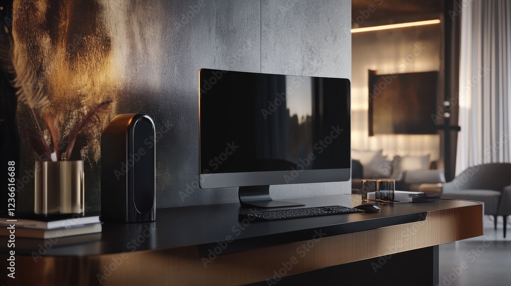 Poster stylish designer desktop with empty computer screen. workplace concept. mock up. 3d rendering