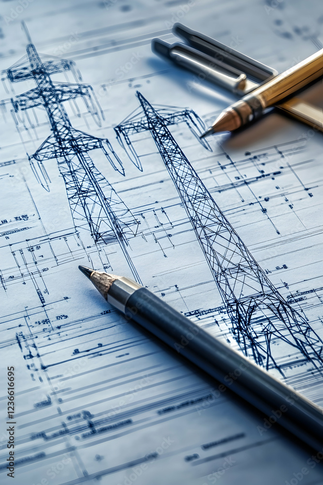 Poster detailed blueprint of power line towers with drafting tools, showcasing engineering precision -