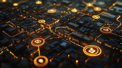 Innovative business connections. glowing icons representing b2b concepts over a night cityscape