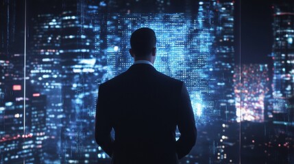 The view from the rear of a businessman looking at the night city and the digital interface. Mixed media, Businessman standing in front of a digital big screen hologram displaying business data,