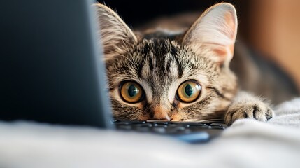 Curious tabby cat peeking over laptop keyboard.