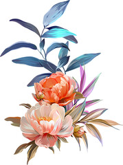 Vector bouquet of flowers. Roses, peonies, rose hips, foliage, bright summer flowers. Rose, peony