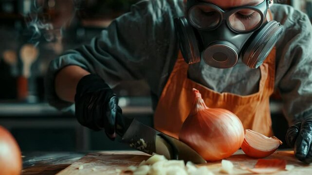 A woman is wearing a gas mask and gloves as she skillfully cuts onions in a rustic kitchen. The atmosphere is unique, showcasing her dedication to avoiding tears.