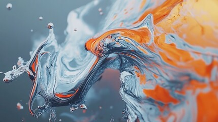 Abstract fluid art with swirling silver and orange hues creating a futuristic motion