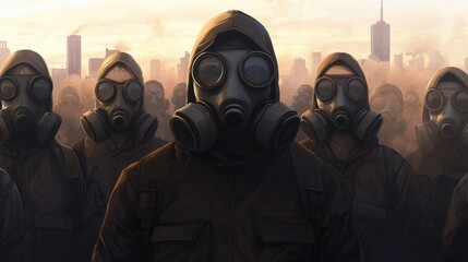 Group of People in Gas Masks With Urban Skyline in Background