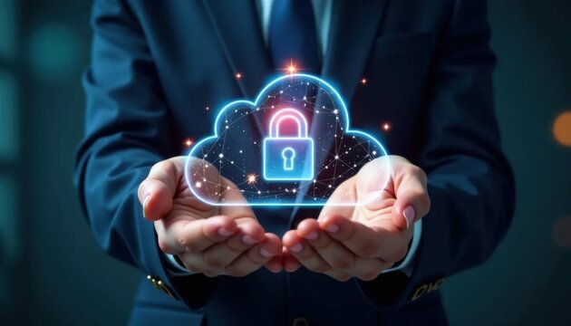 Person Holding Glowing Holographic Cloud with Padlock Symbolizing Digital Security and Data Protection