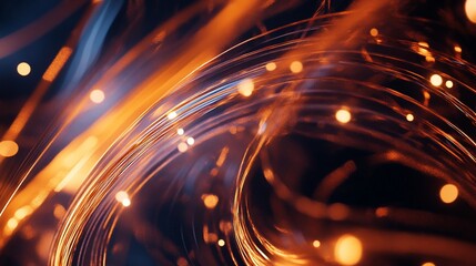 Abstract orange light trails and luminous bokeh effects on dark background creating dynamic energy flow