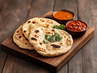 Delicious Naan Bread with Curry Sauces Indian Cuisine Food Photography Rustic Setting Close-up Culinary Delight