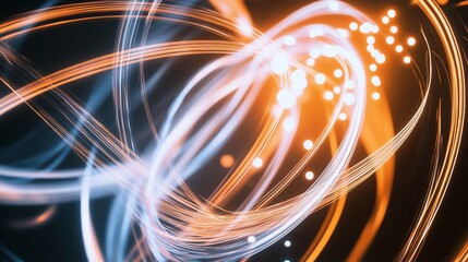 Abstract light trails in dynamic motion with glowing bokeh effect on a dark background