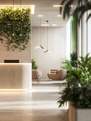 3D rendering of a modern office interior design, Decorative green plants and beige accent elements add to the natural, well-lit ambiance.