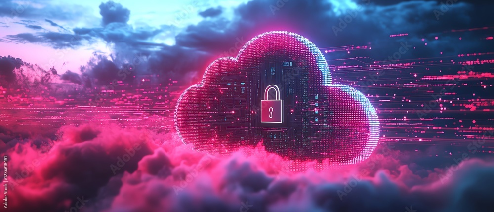 Poster an innovative cloud storage design featuring a metallic microchip and a secure padlock symbol, highl