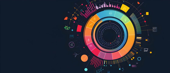 Obraz premium Dynamic circular infographic with segmented visuals and icons, each uniquely colored for clear distinction - 