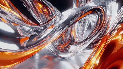 Abstract silver and orange translucent waves with dynamic movement on dark background