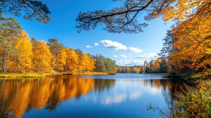 Autumn lake reflection, forest trees, sunny day, nature scene, travel poster