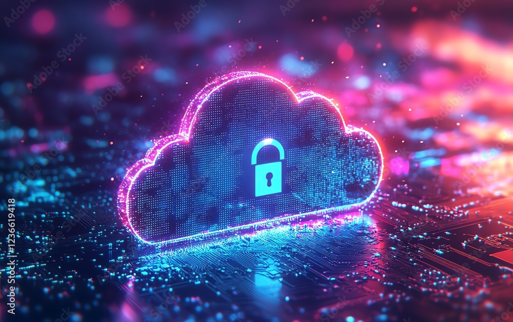 Poster a conceptual digital illustration of cloud storage with a metallic microchip and a glowing padlock s