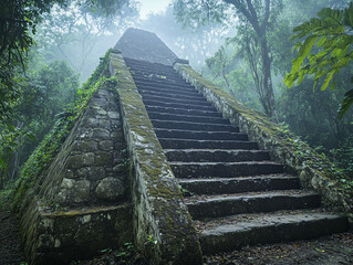 Ancient Pyramid Stairs in Misty Jungle