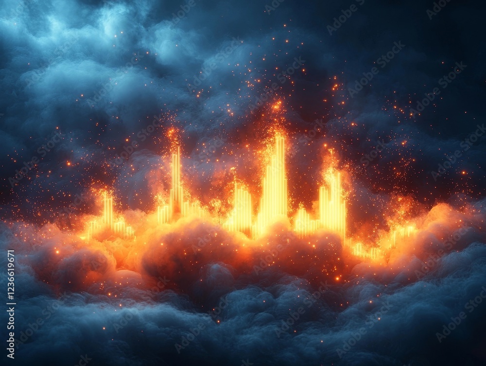 Poster glowing bar chart breaking through clouds representing unstoppable business growth and success