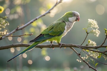 Monk Parakeet perched gracefully on a delicate branch. The bird's feathers are captured in sharp focus, showcasing their vibrant hues and intricate textures