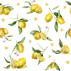 Watercolor seamless Pattern with illustration of whole and half Lemons with pink flowers. Hand painted print with citrus branch with green leaves on isolated background for print textile