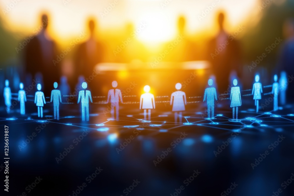 Aufkleber digital human icons representing social connection and networking in a warm sunset with abstract bac