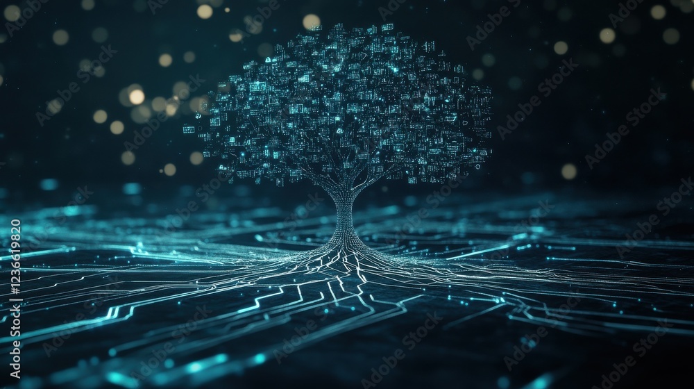 Poster vector data tree on a tech background symbolizing big data and information flow in futuristic design