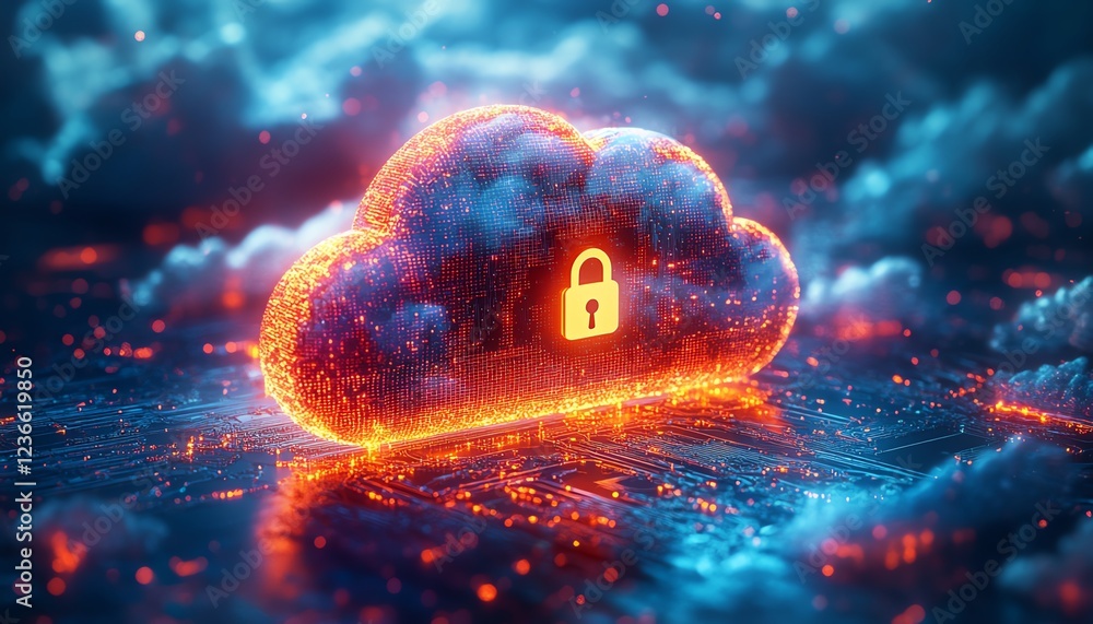 Poster a futuristic cloud computing concept with a metallic microchip at the core, surrounded by a glowing 