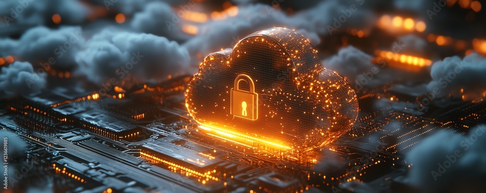 Aufkleber a futuristic cloud computing environment with a glowing padlock and metallic microchip, representing