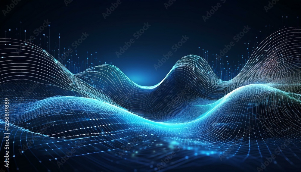Wall mural futuristic wave design with digital connection dots and lines