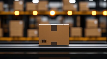 A single cardboard box on a conveyor belt in a warehouse setting amidst blurred packages.