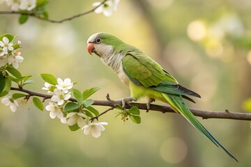 Monk Parakeet perched gracefully on a delicate branch. The bird's feathers are captured in sharp focus, showcasing their vibrant hues and intricate textures