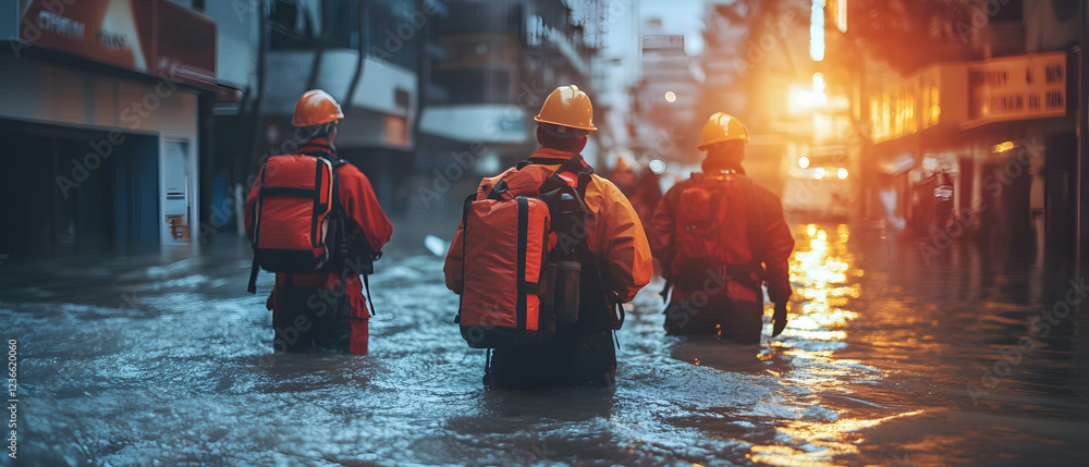 Aufkleber emergency response teams handling a flood in a cityscape, demonstrating urgency and teamwork during 